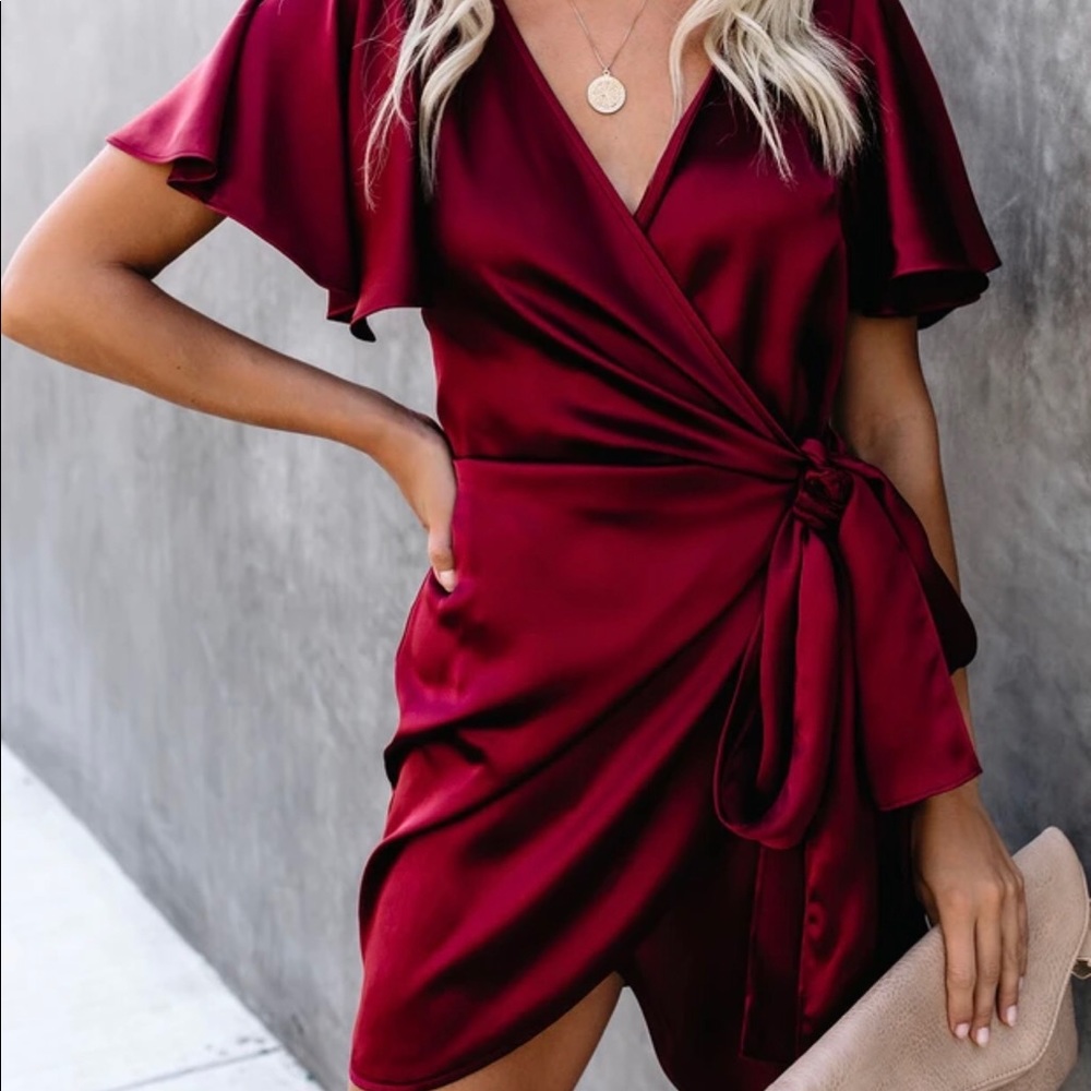 VICI Frame Of Mind Satin Wrap Dress- Burgundy